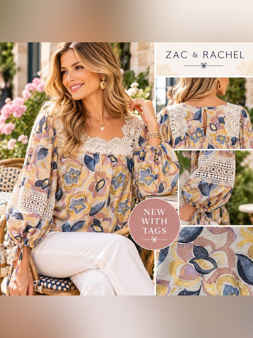 New Zac & Rachel Floral Lace Trim Peasant Blouse XL NWT Boho Romantic Comfort